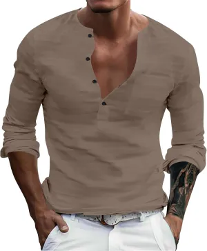 Men's Cotton Linen Henley T-Shirts Roll Up Long Sleeve Hippie Casual Beach Blouse Button Down Fashion Vacation Tops