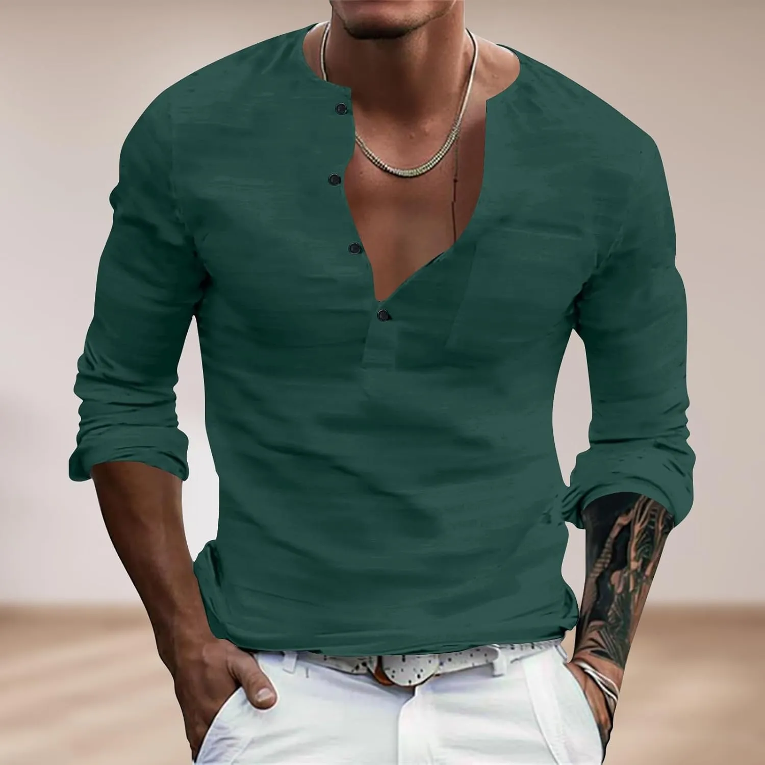 Men's Cotton Linen Henley T-Shirts Roll Up Long Sleeve Hippie Casual Beach Blouse Button Down Fashion Vacation Tops