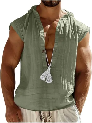 Men's Cotton Linen Tank Tops Hooded Drawstring Sleeveless Shirts Casual Button Down T-Shirts Summer Boho Beach Tanks