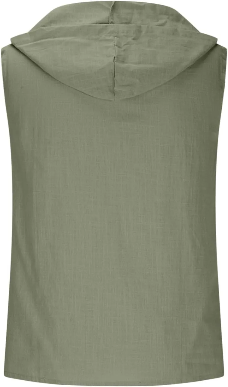 Men's Cotton Linen Tank Tops Hooded Drawstring Sleeveless Shirts Casual Button Down T-Shirts Summer Boho Beach Tanks