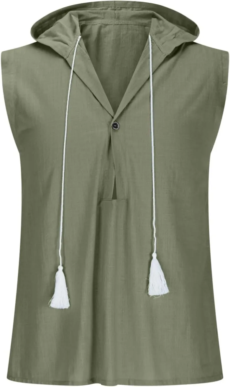 Men's Cotton Linen Tank Tops Hooded Drawstring Sleeveless Shirts Casual Button Down T-Shirts Summer Boho Beach Tanks