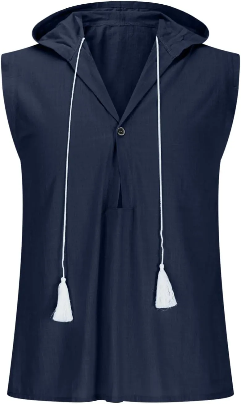 Men's Cotton Linen Tank Tops Hooded Drawstring Sleeveless Shirts Casual Button Down T-Shirts Summer Boho Beach Tanks
