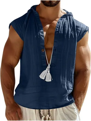 Men's Cotton Linen Tank Tops Hooded Drawstring Sleeveless Shirts Casual Button Down T-Shirts Summer Boho Beach Tanks