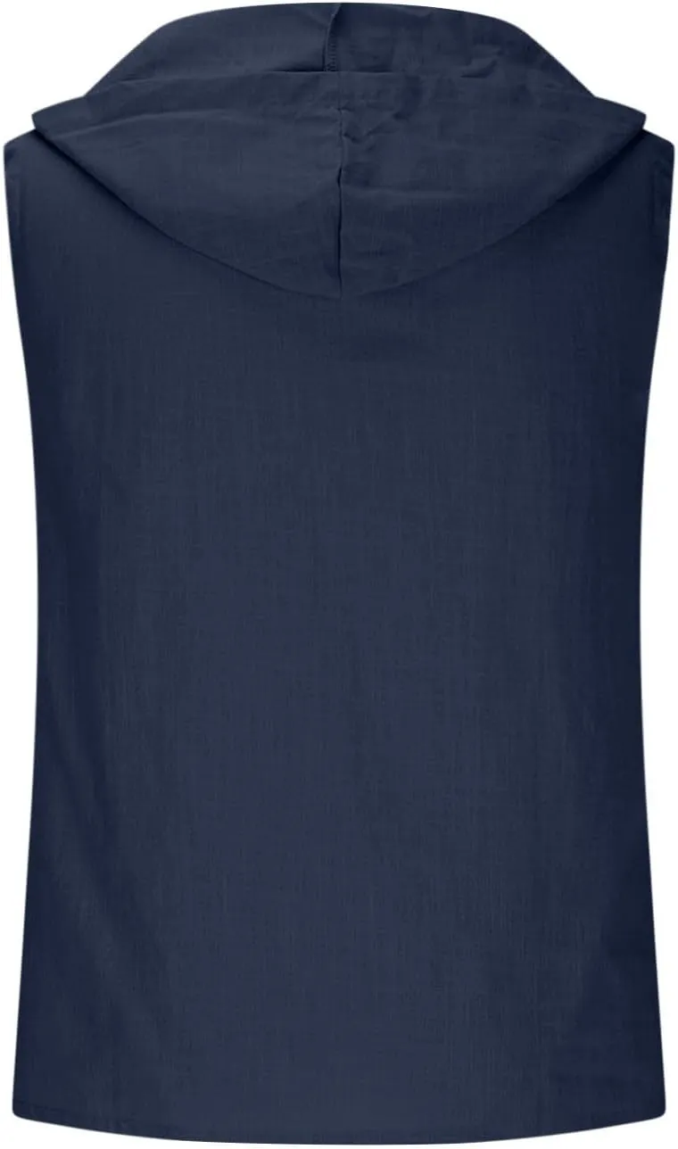 Men's Cotton Linen Tank Tops Hooded Drawstring Sleeveless Shirts Casual Button Down T-Shirts Summer Boho Beach Tanks