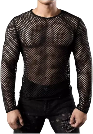 Mens Fishnet Mesh Muscle Shirts Top See Thru Workout Gym Shirts Mesh Base Layer Fishnet Sexy Top Fitted Crew Neck Tee