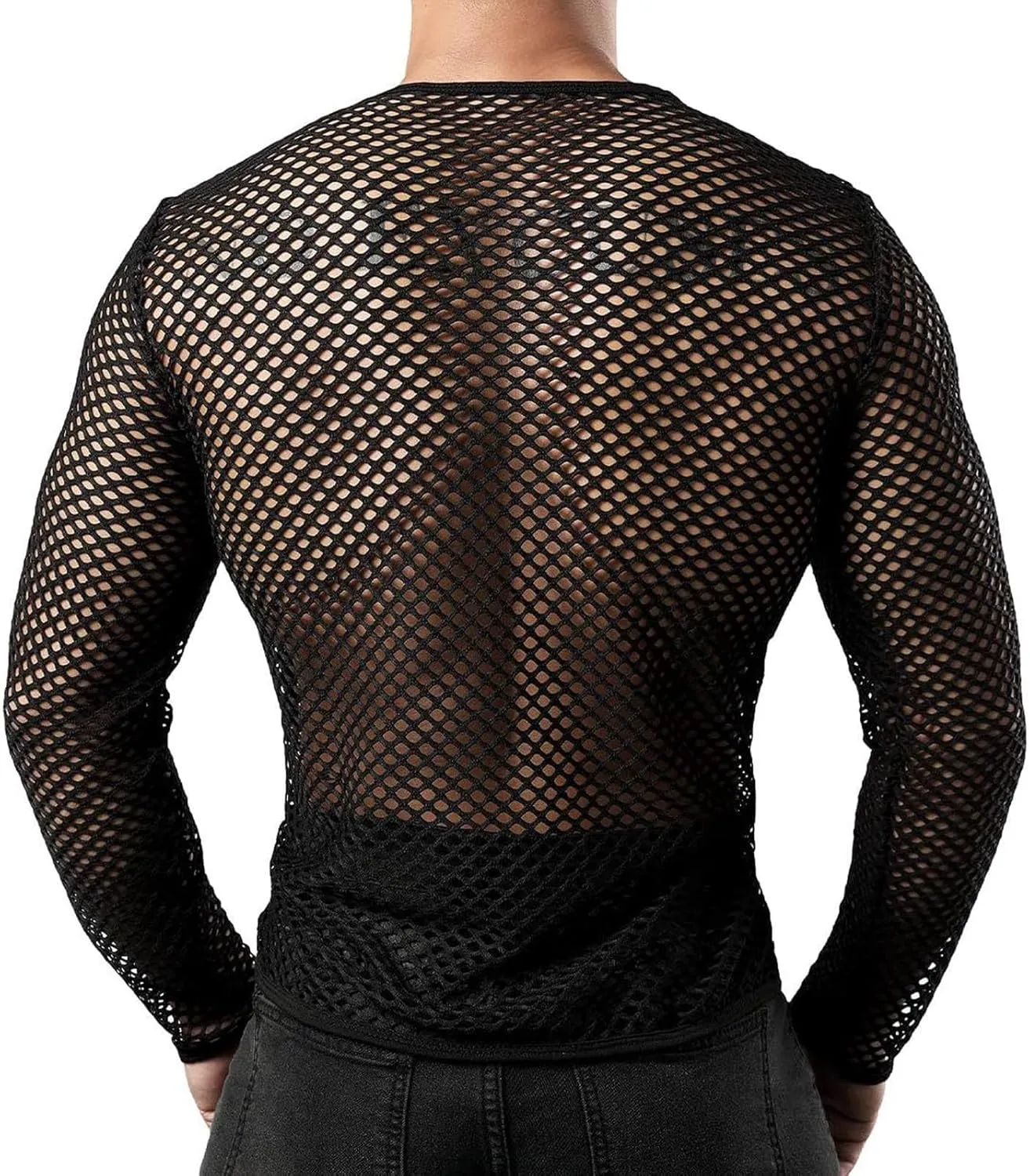 Mens Fishnet Mesh Muscle Shirts Top See Thru Workout Gym Shirts Mesh Base Layer Fishnet Sexy Top Fitted Crew Neck Tee