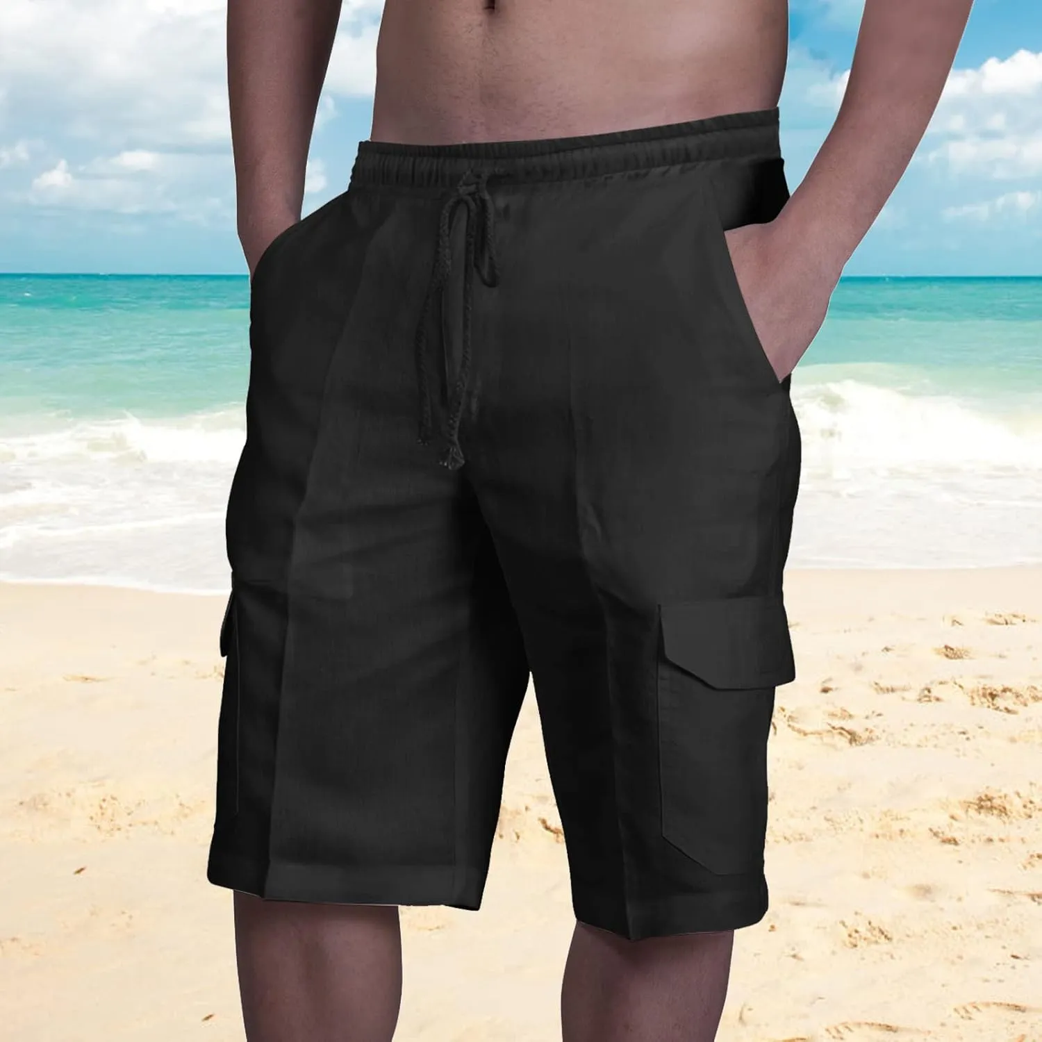 Mens Hiking Cargo Shorts 2025 Lightweight Casual Cotton Linen Pant Elastic Waist Drawstring Summer Relaxed Fit Short