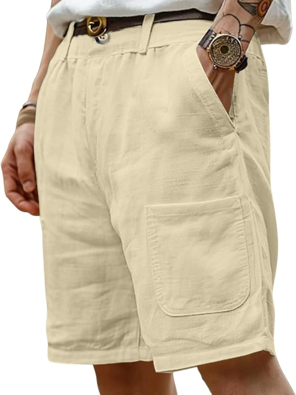 Mens Linen Shorts Elastic Waist Shorts Casual Summer Lightweight Cotton Linen Pants with Pockets