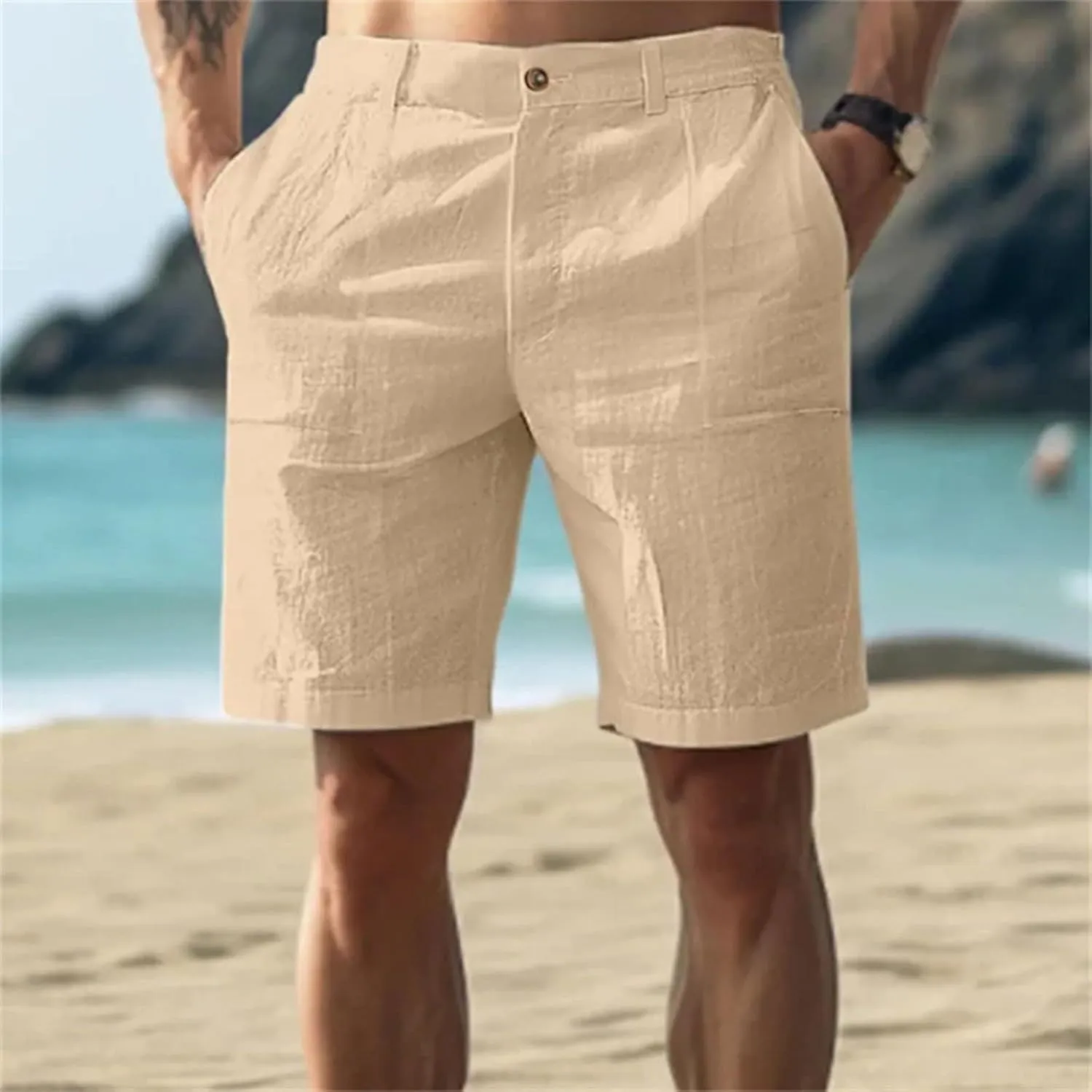 Mens Linen Shorts Elastic Waist Shorts Casual Summer Lightweight Cotton Linen Pants with Pockets