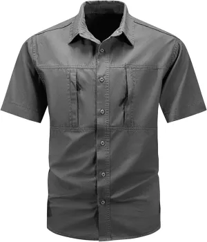 Mens Military Tactical Uniform Shirts Ripstop Lightweight Breathable Loose Fit Work Shirt Button Hiking Fishing Shirt