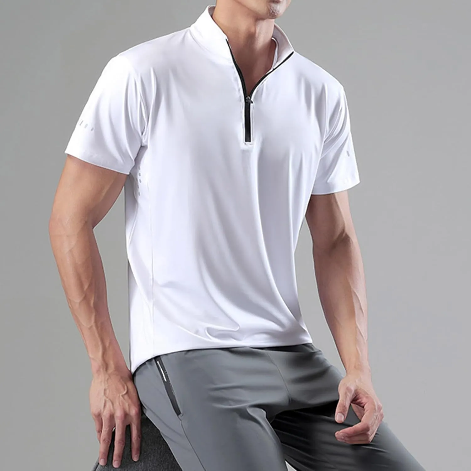 Men's Short Sleeve Sun Shirts UPF 50  Tees 1/4 Zip Outdoor Fishing Running T-Shirts Quick Dry Athletic Workout Shirt