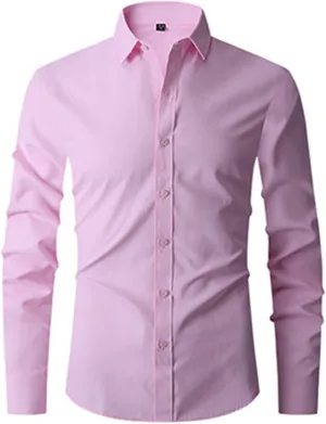 Men's Solid Dress Shirt Long Sleeve Wrinkle Free Button Down Stretch Business Meetings Top Slim Fit Work Casual Shirt