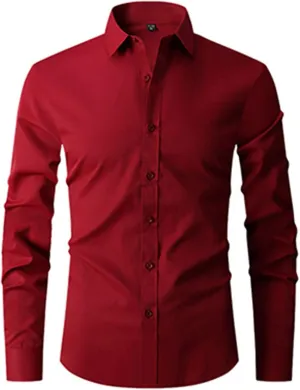 Men's Solid Dress Shirt Long Sleeve Wrinkle Free Button Down Stretch Business Meetings Top Slim Fit Work Casual Shirt