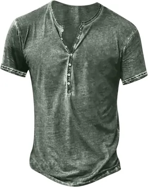 Mens Summer Cotton T-Shirts Loose Short Sleeve Casual Crew Neck Solid Color Blouse Fashion Button Athletic Tops