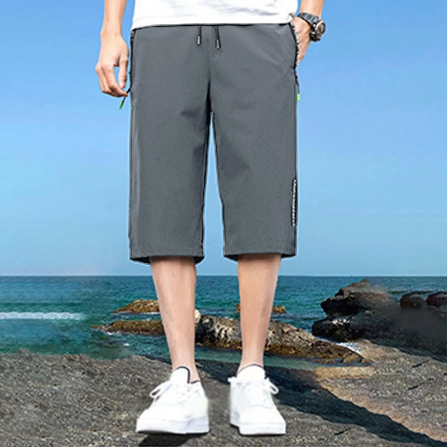 Men's Summer Thin Loose Sports Wear Ice Silk Quick Drying Leisure Beach Capri Pants Nonslip Band Men Pants