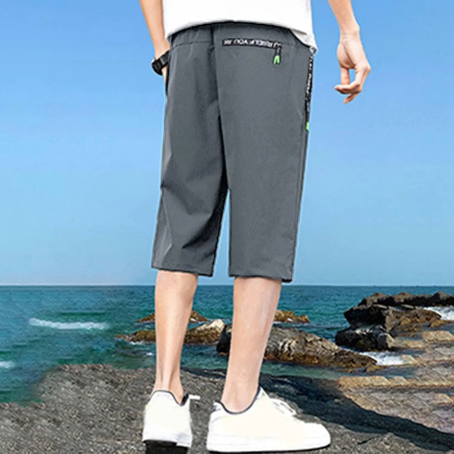Men's Summer Thin Loose Sports Wear Ice Silk Quick Drying Leisure Beach Capri Pants Nonslip Band Men Pants