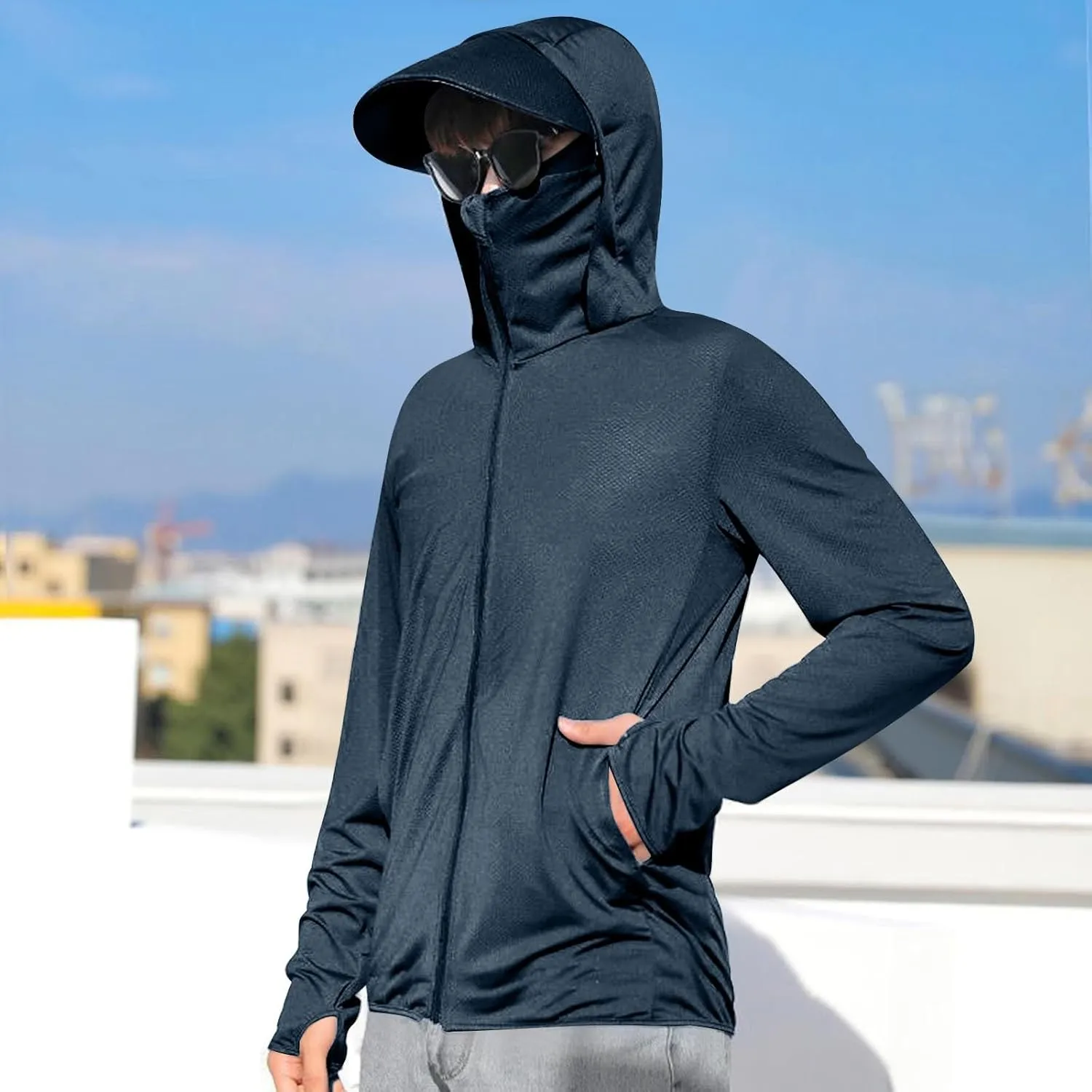 Men's UPF 50  Full Zip Fishing Hoodies Sun Shirts with Mask UV Neck Gaiter Hoodie Quick Dry Long Sleeve Hiking Shirts