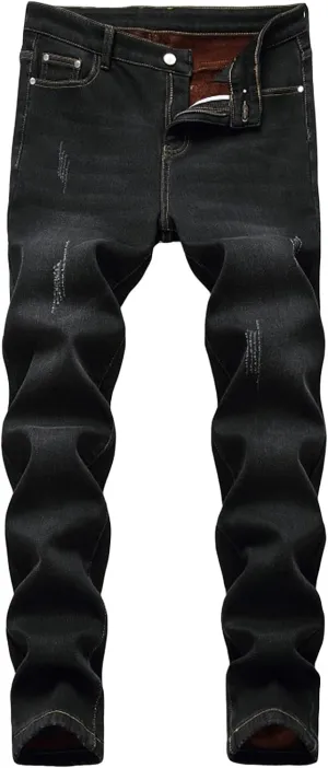 Men's Winter Fleece Lined Jeans Thicken Warm Stretch Denim Pants Regular Fit Classic Straight Leg Jean Trousers