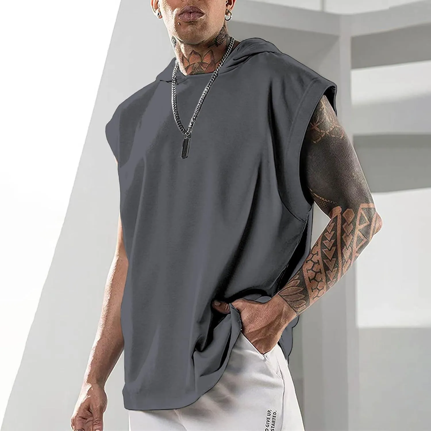 Men's Workout Muscle Hooded Tank Tops Sleeveless Athletic Gym Hoodies Bodybuilding Training Fitness Cut Off T-Shirts
