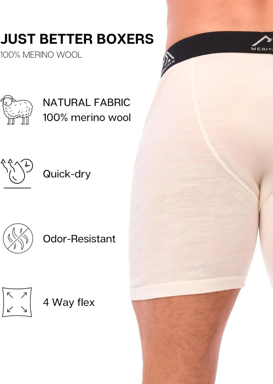 Merino.tech Merino Wool Underwear Mens - 100% Merino Wool Base Layer Boxer Briefs for Men