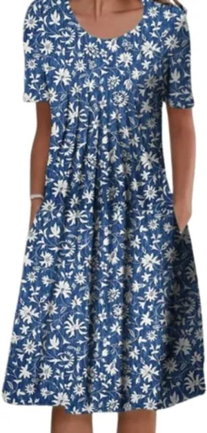 Mid Length Dress for Women Crewneck Floral Sun Dress 2025 Vintage Dresses Loose Fit Trendy Boho Dresses