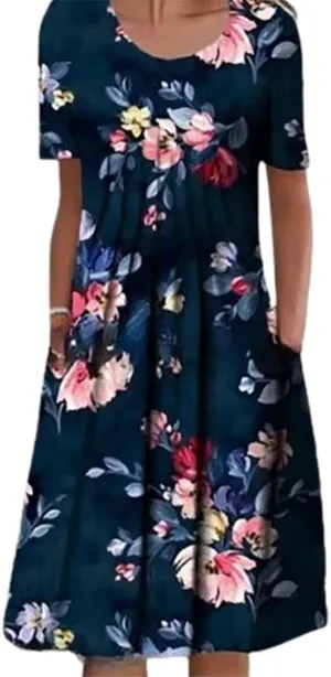 Mid Length Dress for Women Crewneck Floral Sun Dress 2025 Vintage Dresses Loose Fit Trendy Boho Dresses