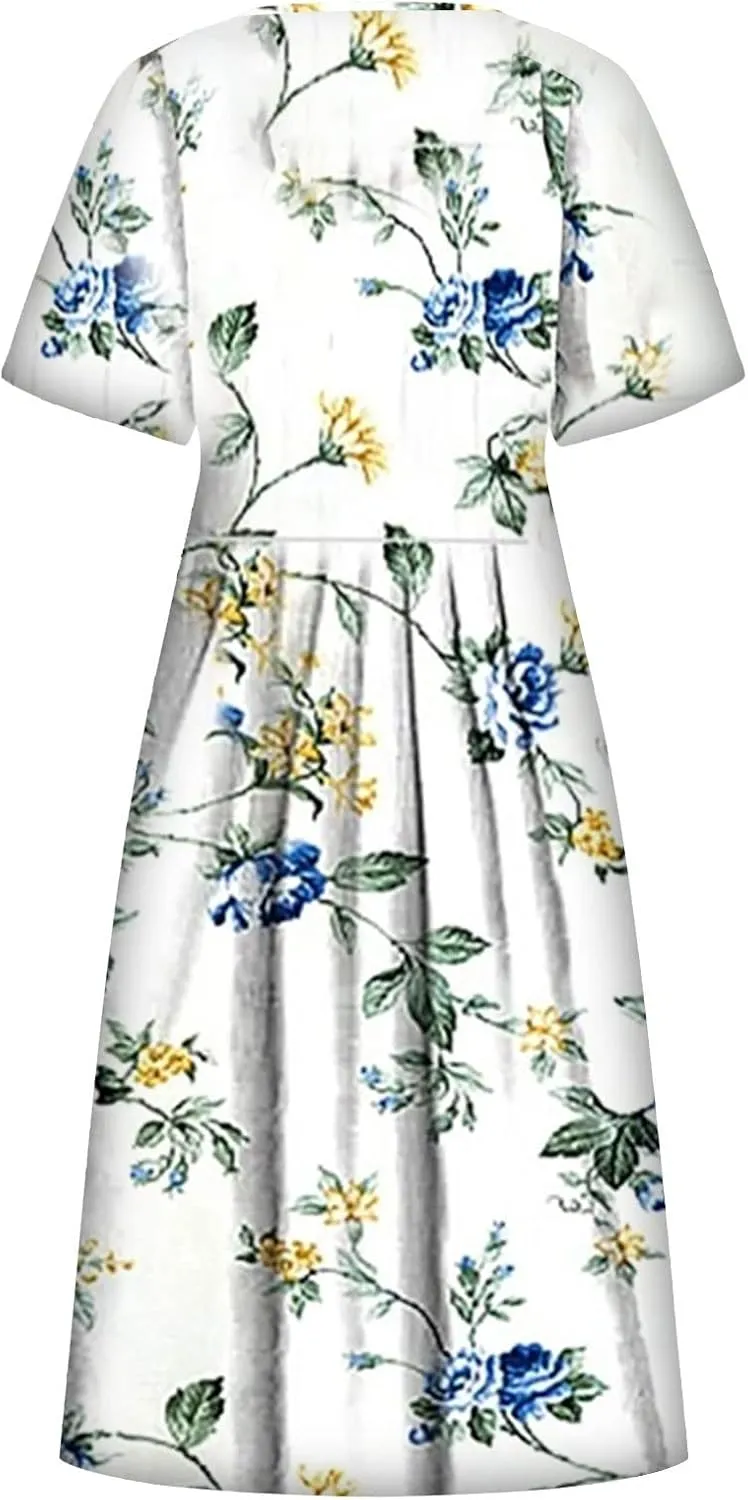 Midi Dress for Women 2025 Summer Casual Short Sleeve Floral A-Line T-Shirt Dress Midi Flowy with Pockets