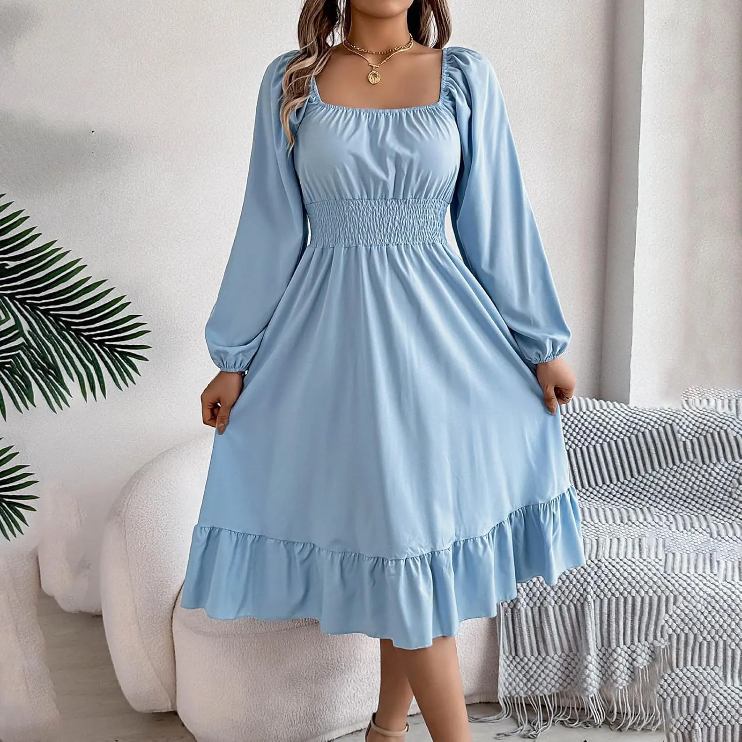 Midi Dresses for Women 2025 Casual Long Sleeve Square Neck Knee Length Ruffle Boho Dress Comfy Vacation Sundress