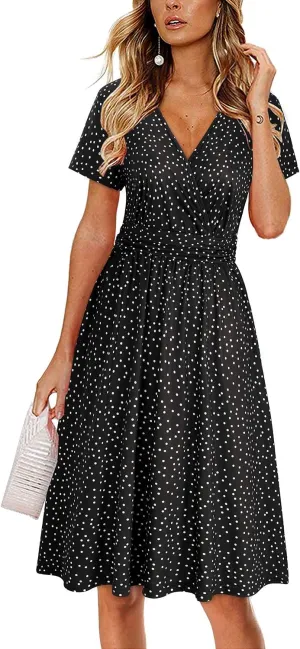 Newshows Womens Summer Short Sleeve Casual Dresses V Neck Floral Vacation Sundress Faux Wrap Midi Dress with Pockets
