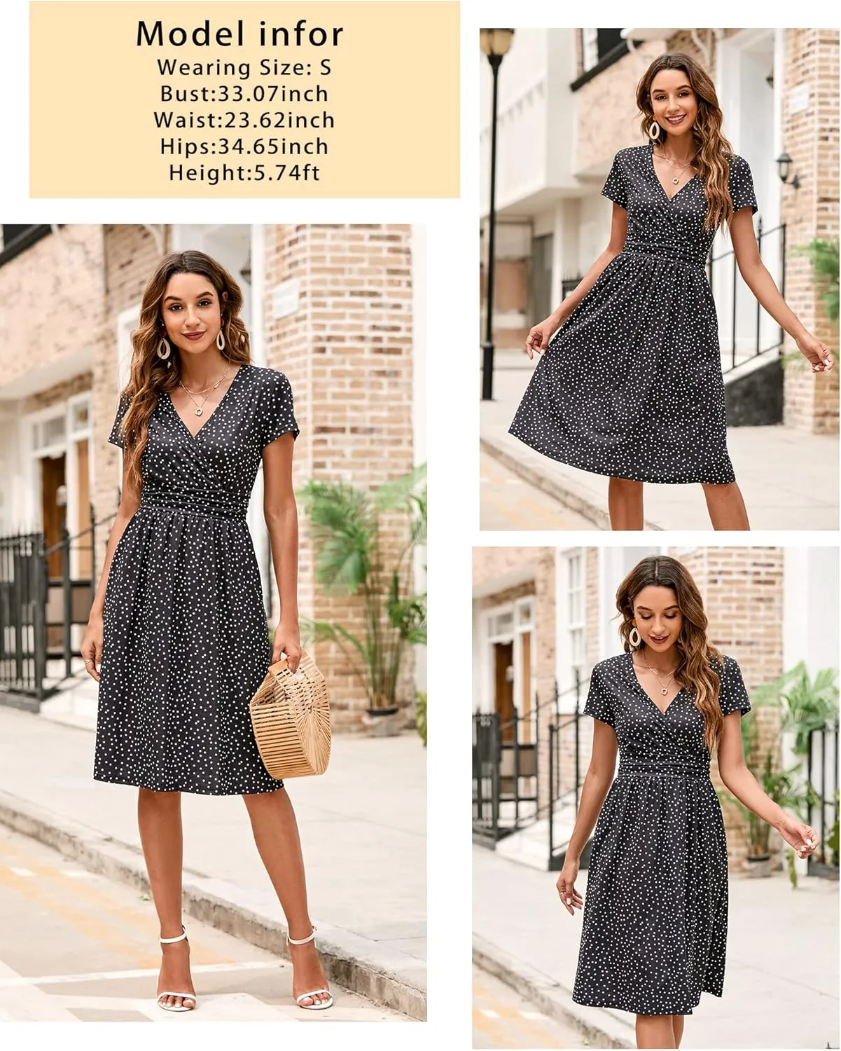 Newshows Womens Summer Short Sleeve Casual Dresses V Neck Floral Vacation Sundress Faux Wrap Midi Dress with Pockets