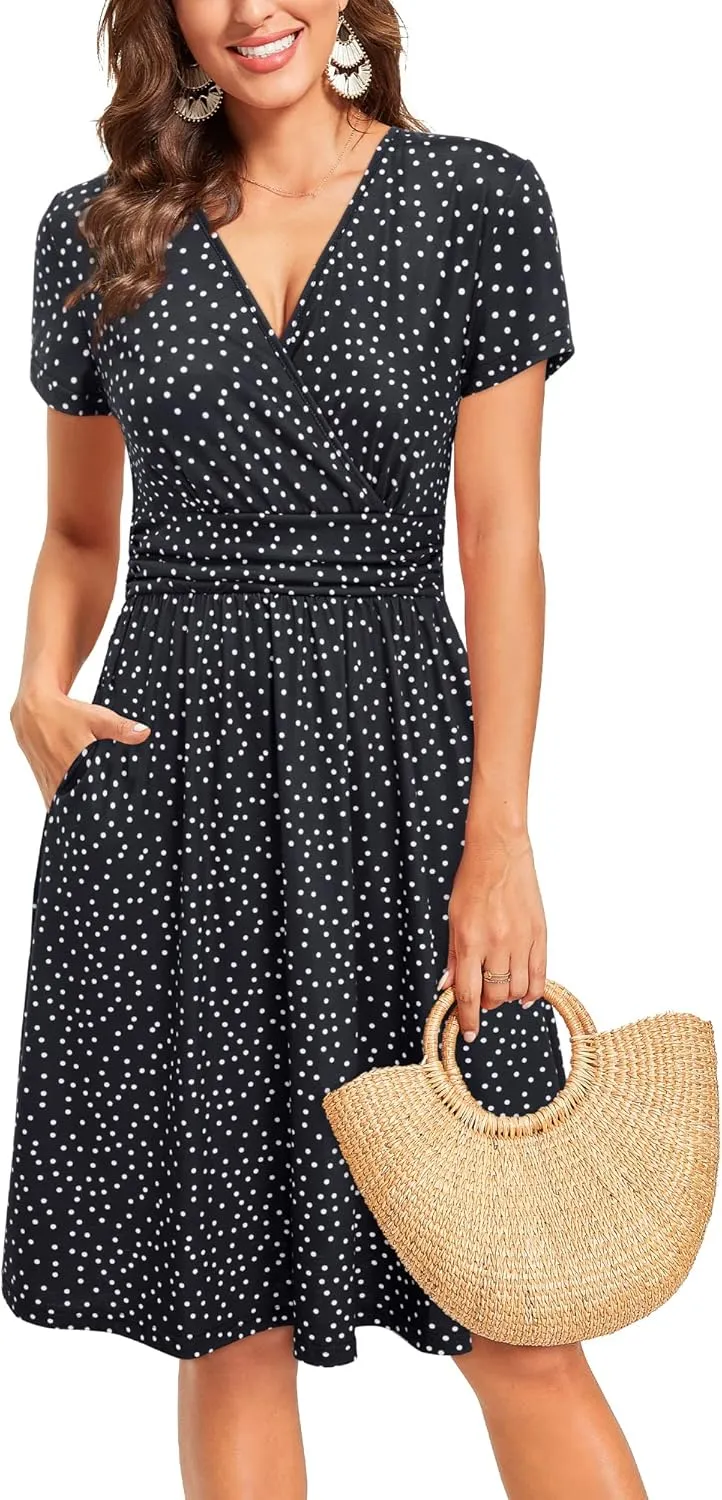 Newshows Womens Summer Short Sleeve Casual Dresses V Neck Floral Vacation Sundress Faux Wrap Midi Dress with Pockets