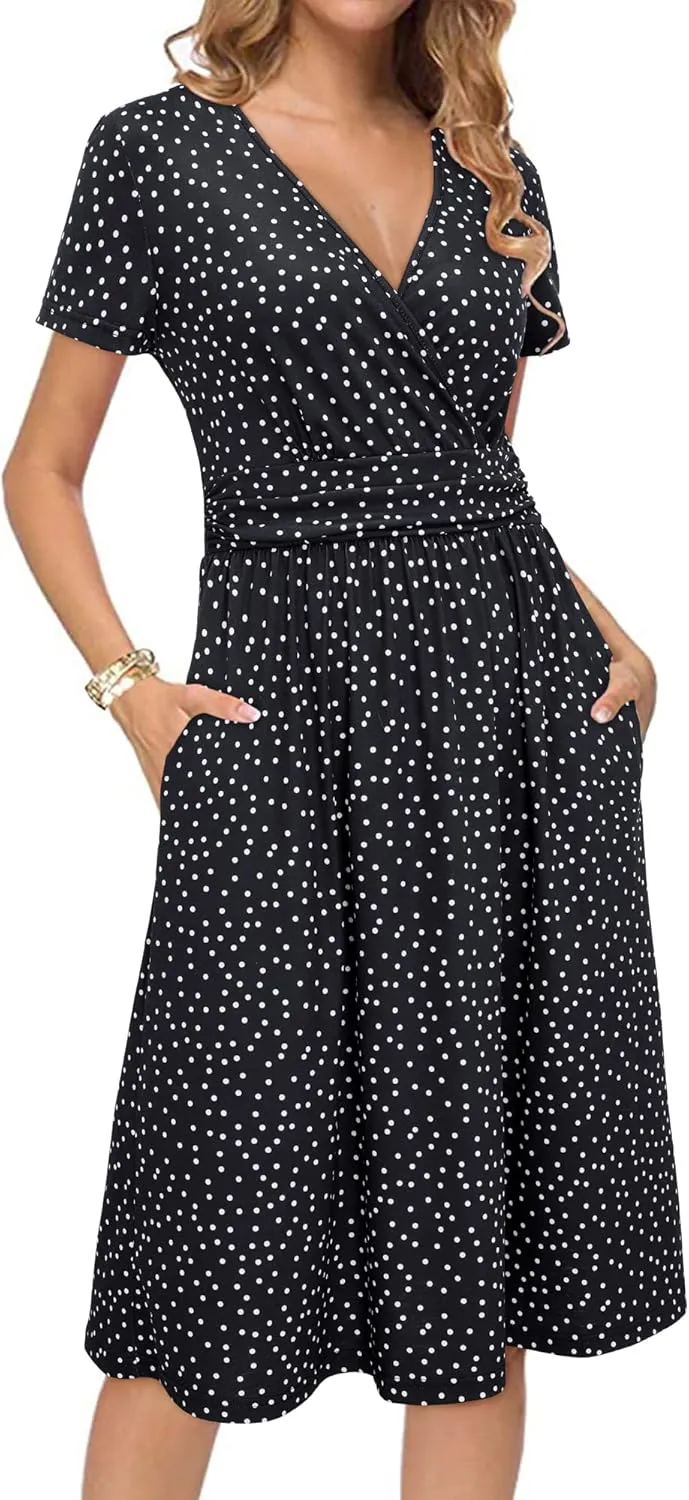 Newshows Womens Summer Short Sleeve Casual Dresses V Neck Floral Vacation Sundress Faux Wrap Midi Dress with Pockets
