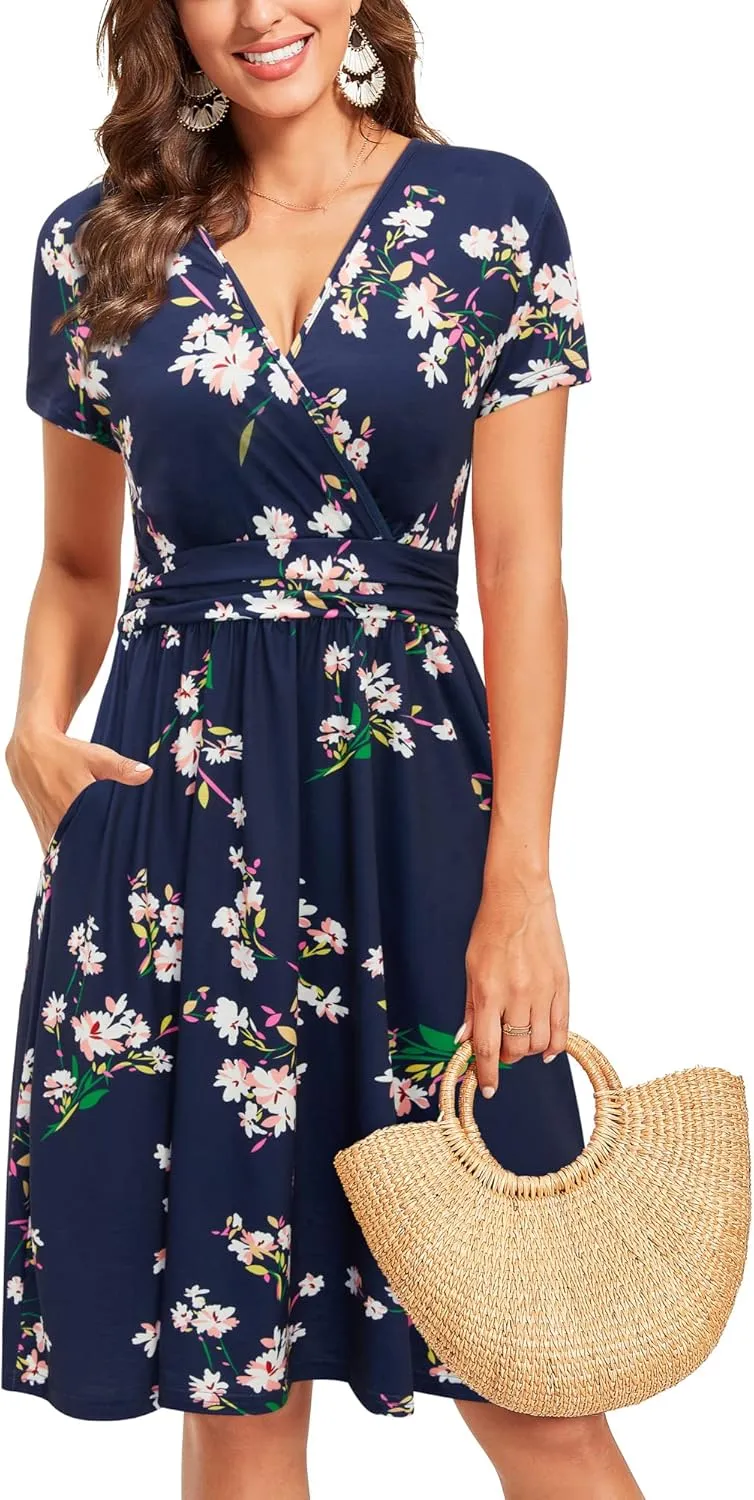 Newshows Womens Summer Short Sleeve Casual Dresses V Neck Floral Vacation Sundress Faux Wrap Midi Dress with Pockets