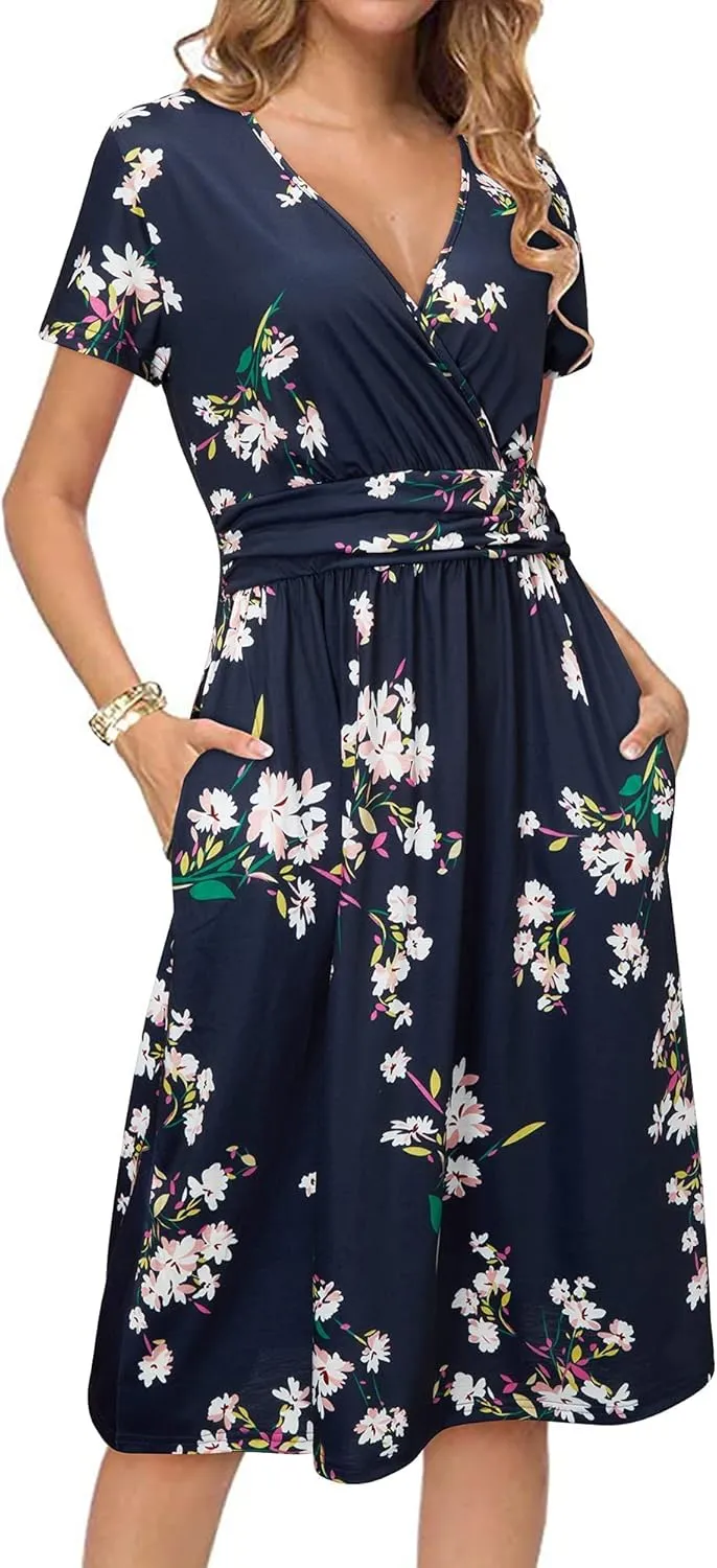 Newshows Womens Summer Short Sleeve Casual Dresses V Neck Floral Vacation Sundress Faux Wrap Midi Dress with Pockets