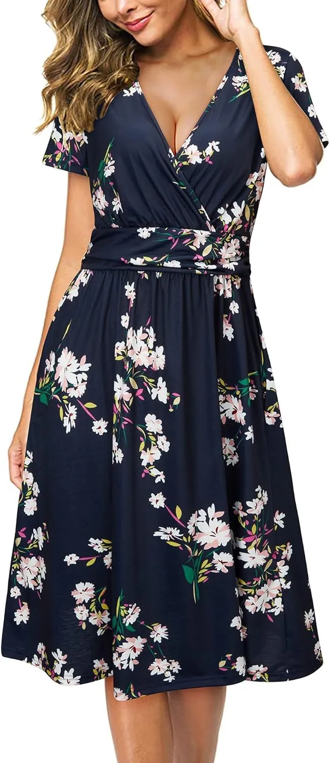 Newshows Womens Summer Short Sleeve Casual Dresses V Neck Floral Vacation Sundress Faux Wrap Midi Dress with Pockets