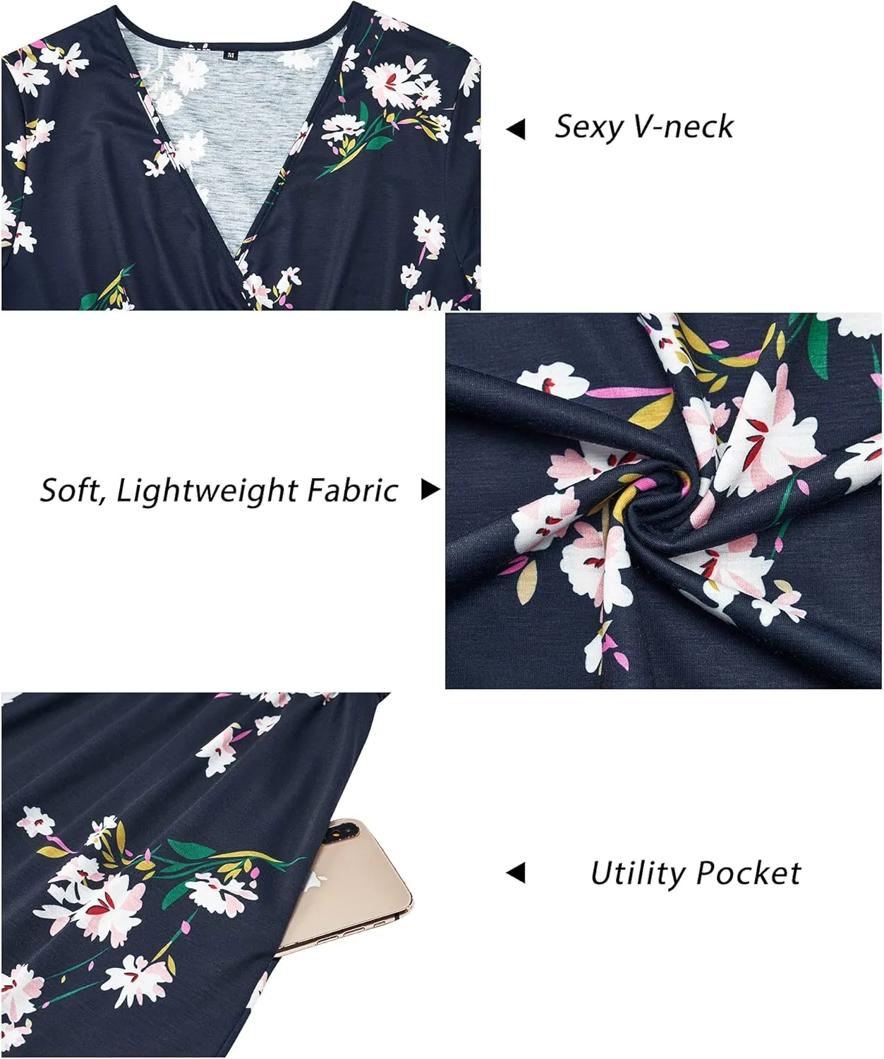 Newshows Womens Summer Short Sleeve Casual Dresses V Neck Floral Vacation Sundress Faux Wrap Midi Dress with Pockets