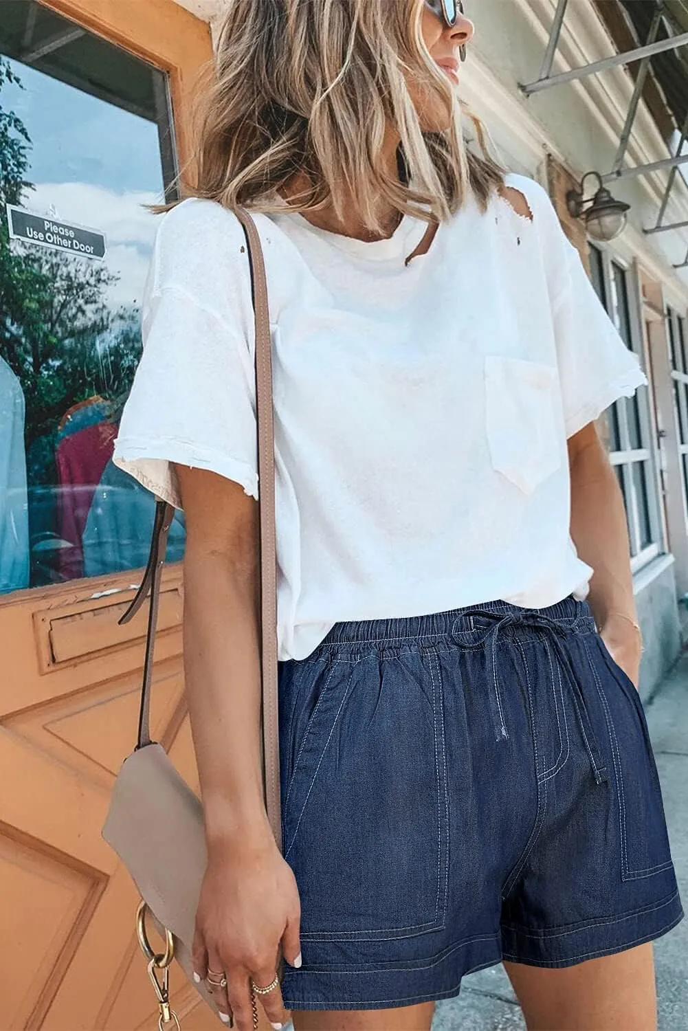 ONLYSHE Womens Casual Drawstring Shorts Summer Elastic Waist Shorts Pocketed Pants