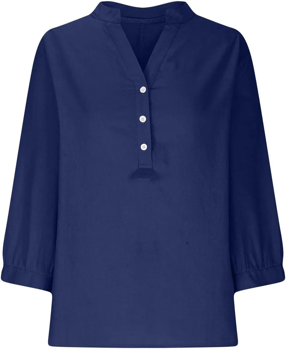 Oversized Tshirts for Women 2024 Button Down 3/4 Sleeve Cotton Linen Shirt Summer Casual V Neck Solid Pullover Blouse