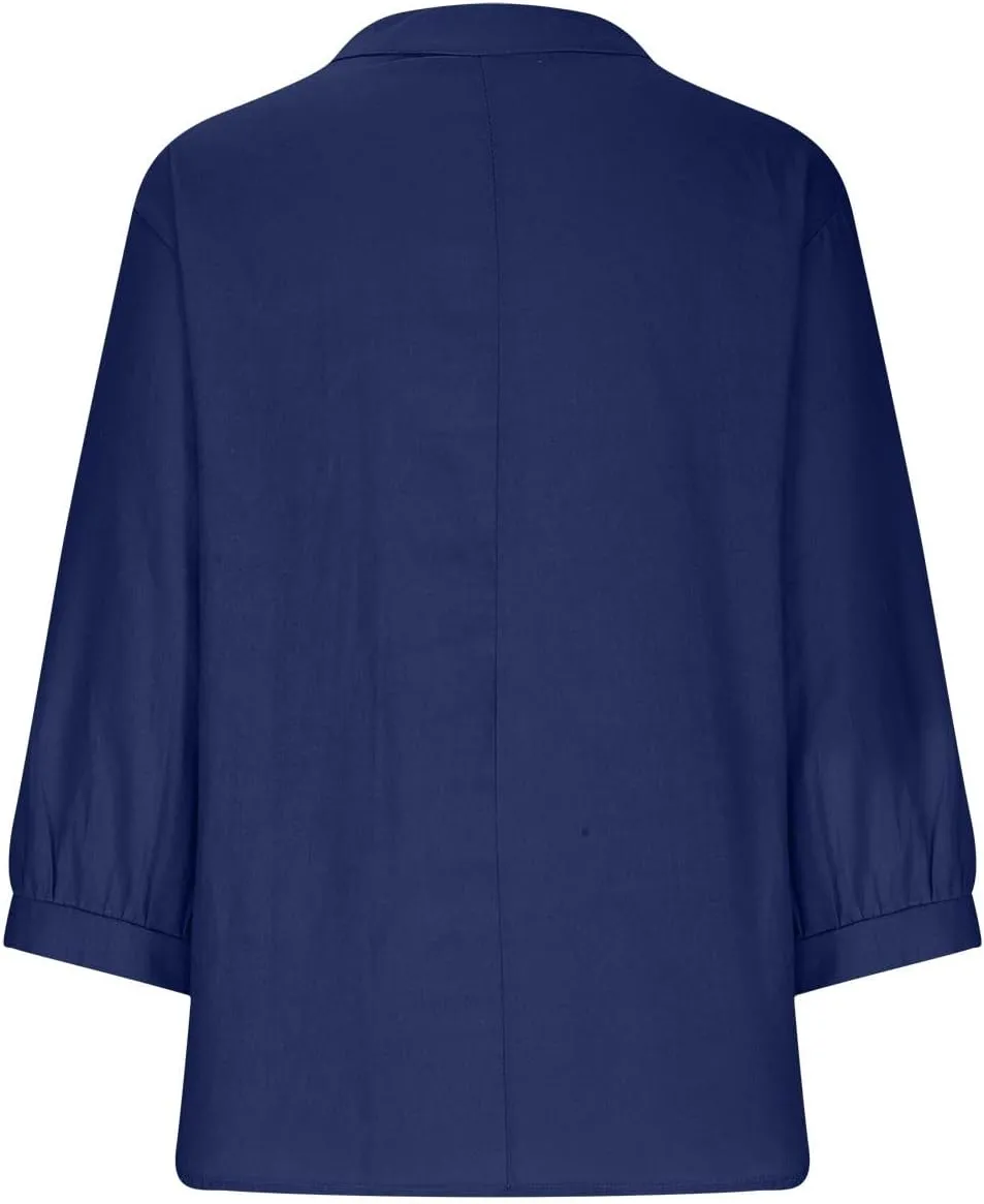 Oversized Tshirts for Women 2024 Button Down 3/4 Sleeve Cotton Linen Shirt Summer Casual V Neck Solid Pullover Blouse