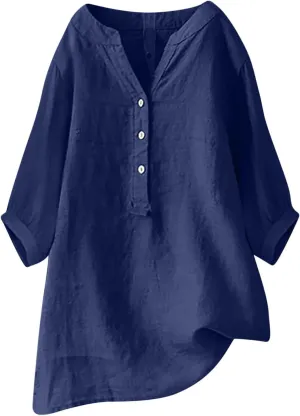 Oversized Tshirts for Women 2024 Button Down 3/4 Sleeve Cotton Linen Shirt Summer Casual V Neck Solid Pullover Blouse