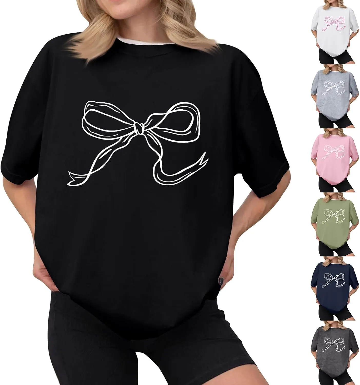 Oversized Tshirts for Women Bow Graphic Tees Cute Y2k Tops Crewneck Baggy Short Sleeve Shirts Teens Girls Summer Tops