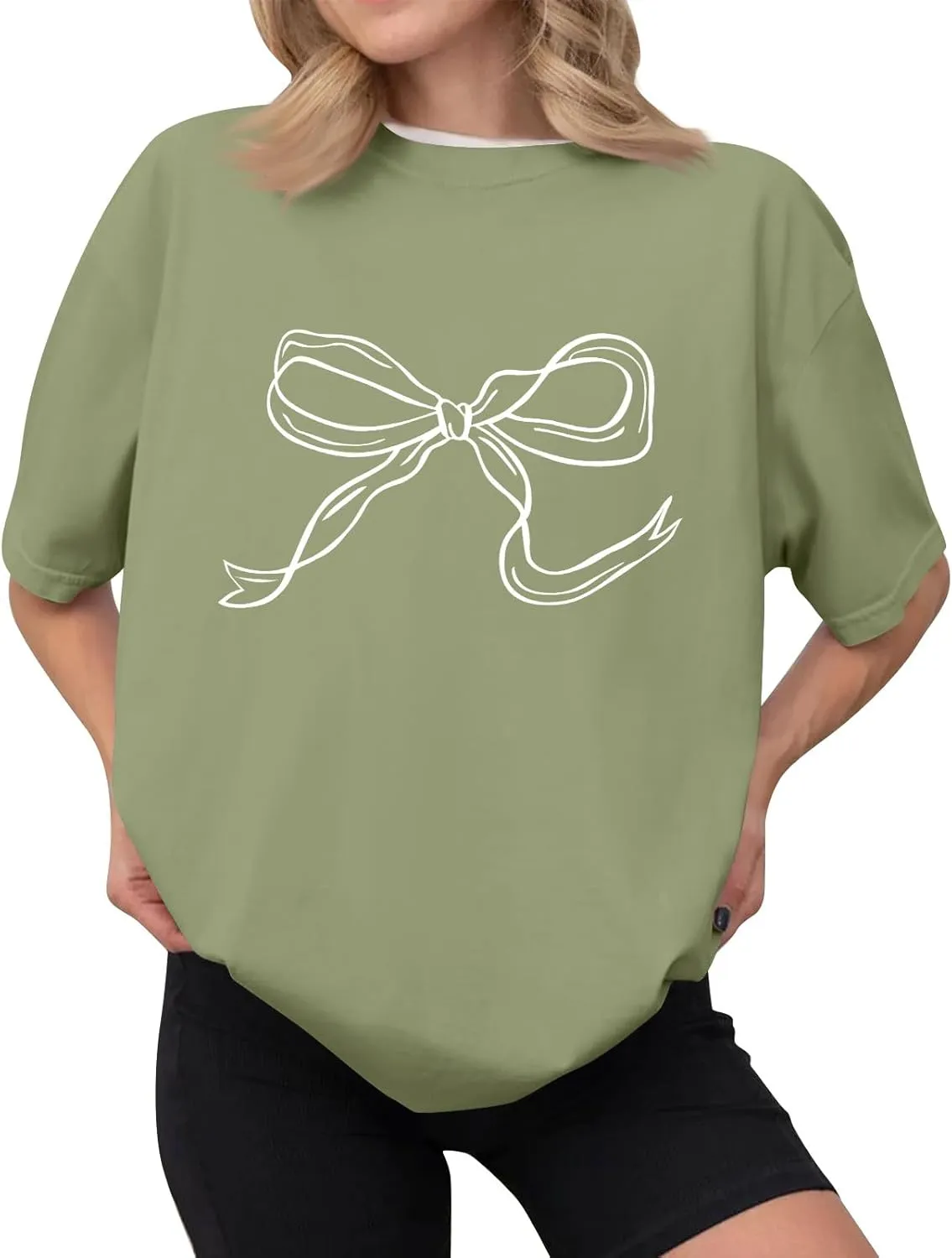 Oversized Tshirts for Women Bow Graphic Tees Cute Y2k Tops Crewneck Baggy Short Sleeve Shirts Teens Girls Summer Tops