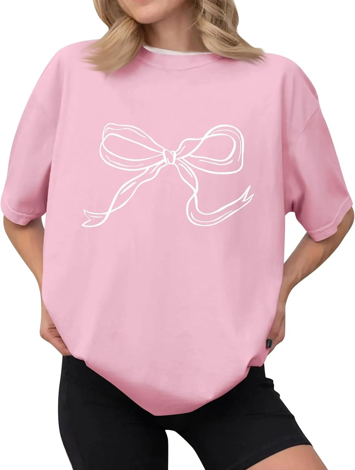 Oversized Tshirts for Women Bow Graphic Tees Cute Y2k Tops Crewneck Baggy Short Sleeve Shirts Teens Girls Summer Tops