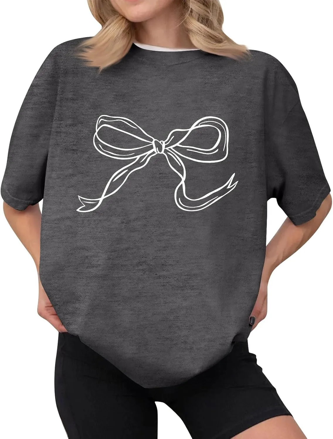 Oversized Tshirts for Women Bow Graphic Tees Cute Y2k Tops Crewneck Baggy Short Sleeve Shirts Teens Girls Summer Tops