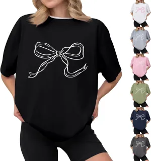Oversized Tshirts for Women Bow Graphic Tees Cute Y2k Tops Crewneck Baggy Short Sleeve Shirts Teens Girls Summer Tops