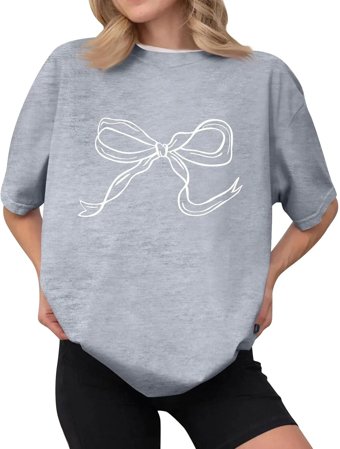 Oversized Tshirts for Women Bow Graphic Tees Cute Y2k Tops Crewneck Baggy Short Sleeve Shirts Teens Girls Summer Tops