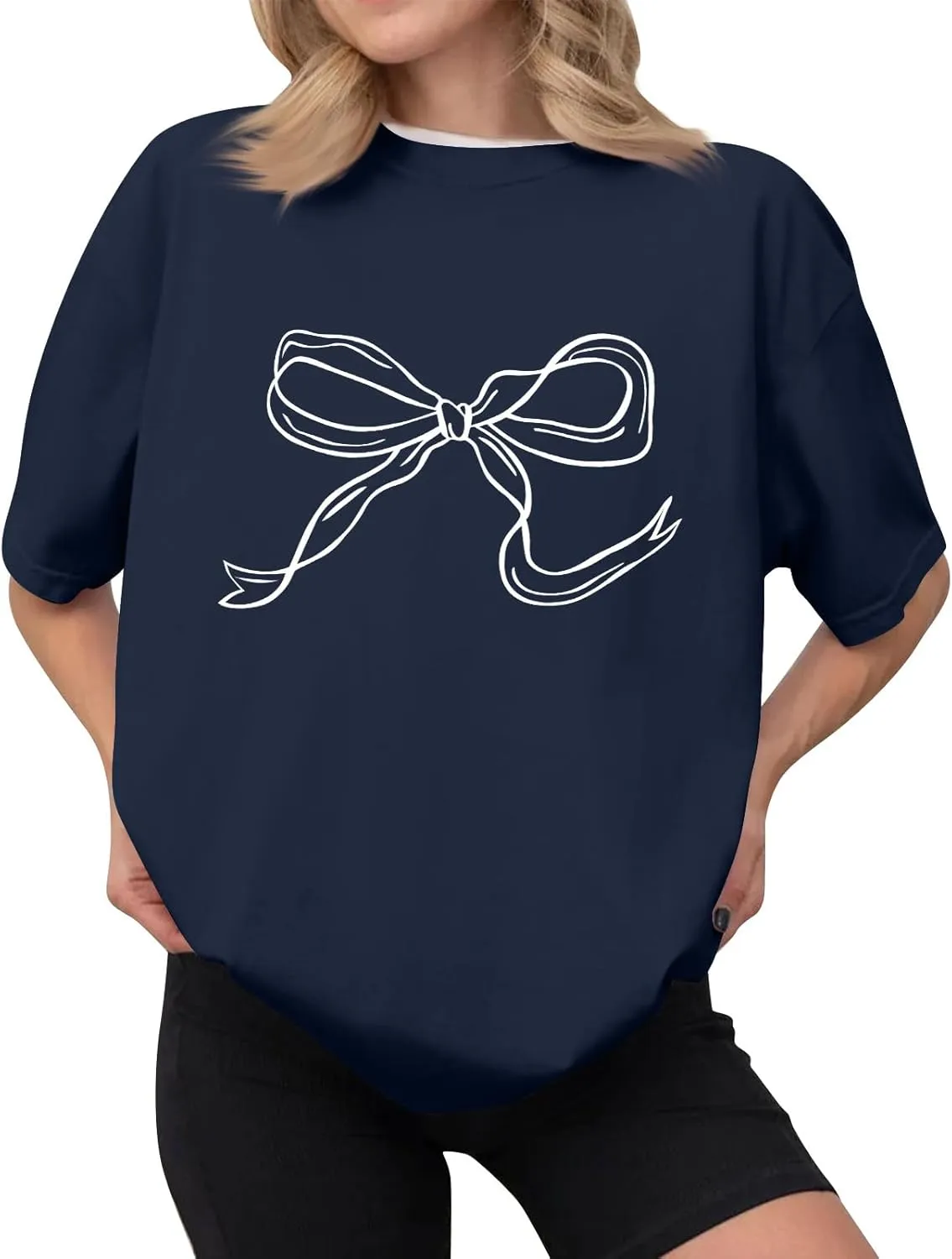 Oversized Tshirts for Women Bow Graphic Tees Cute Y2k Tops Crewneck Baggy Short Sleeve Shirts Teens Girls Summer Tops