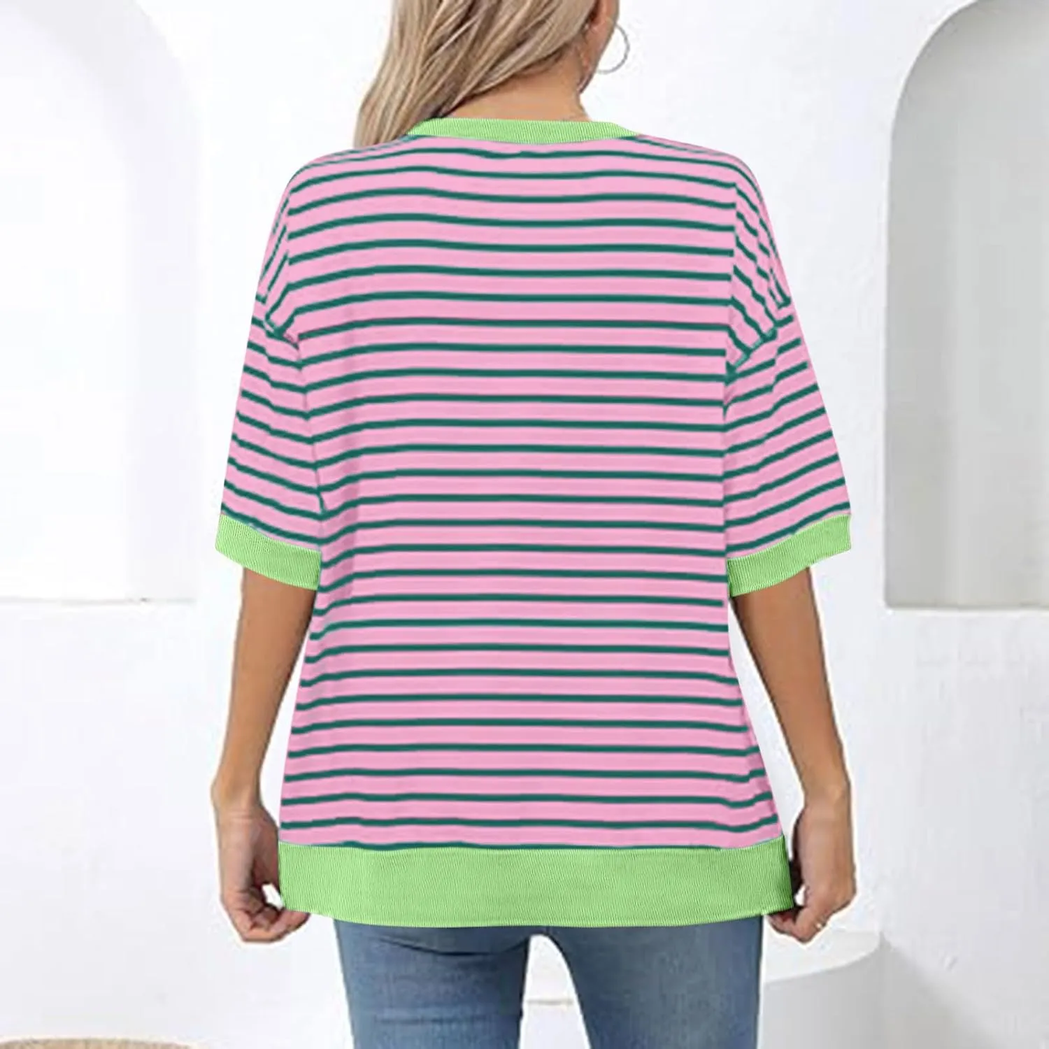 Oversized Tshirts for Women Casual Half Sleeve Summer Tops Workout Striped Shirt Loose Fit Crewneck Sweatshirt