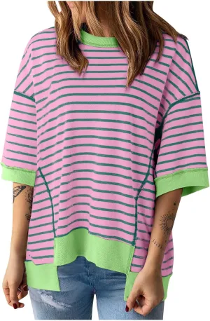 Oversized Tshirts for Women Casual Half Sleeve Summer Tops Workout Striped Shirt Loose Fit Crewneck Sweatshirt