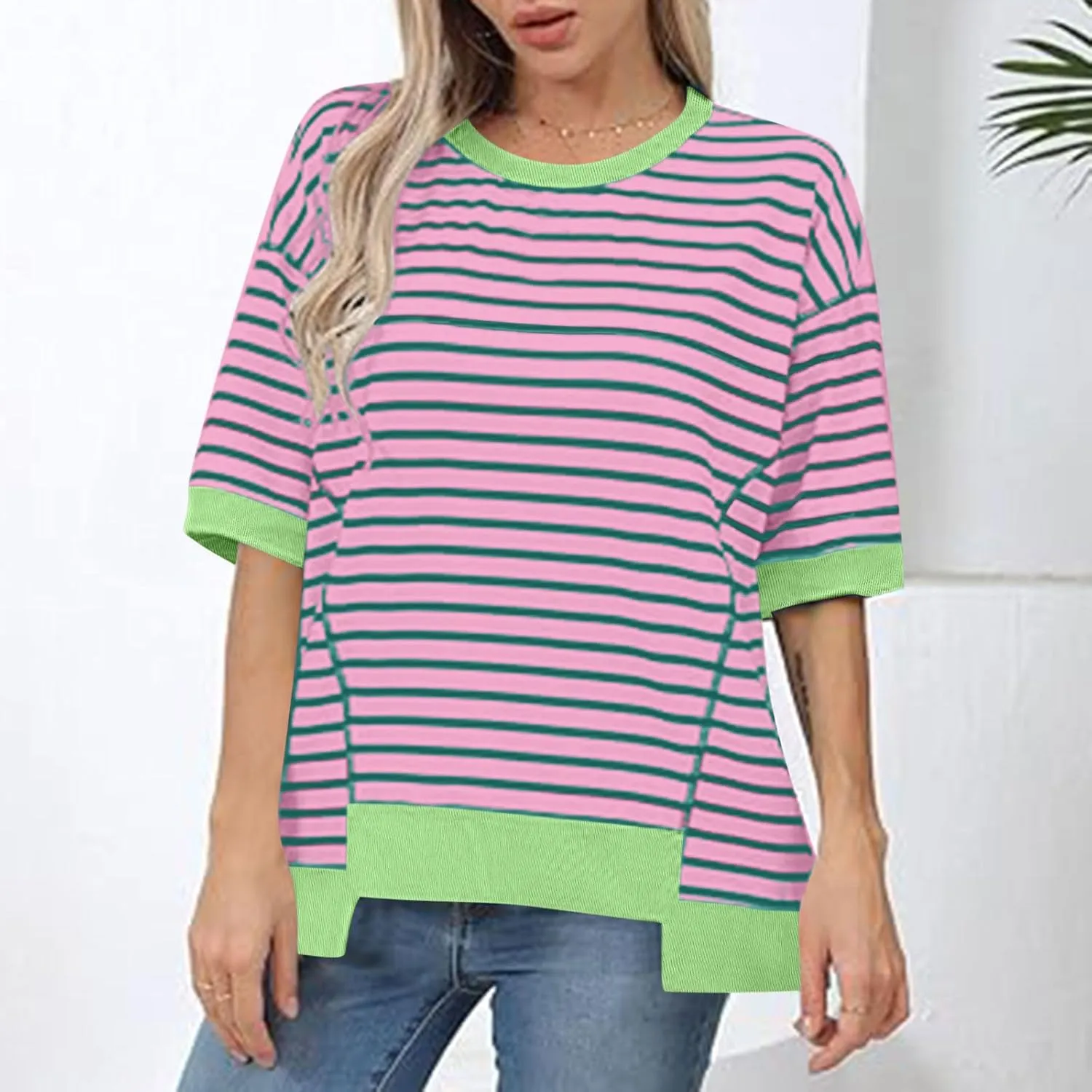 Oversized Tshirts for Women Casual Half Sleeve Summer Tops Workout Striped Shirt Loose Fit Crewneck Sweatshirt